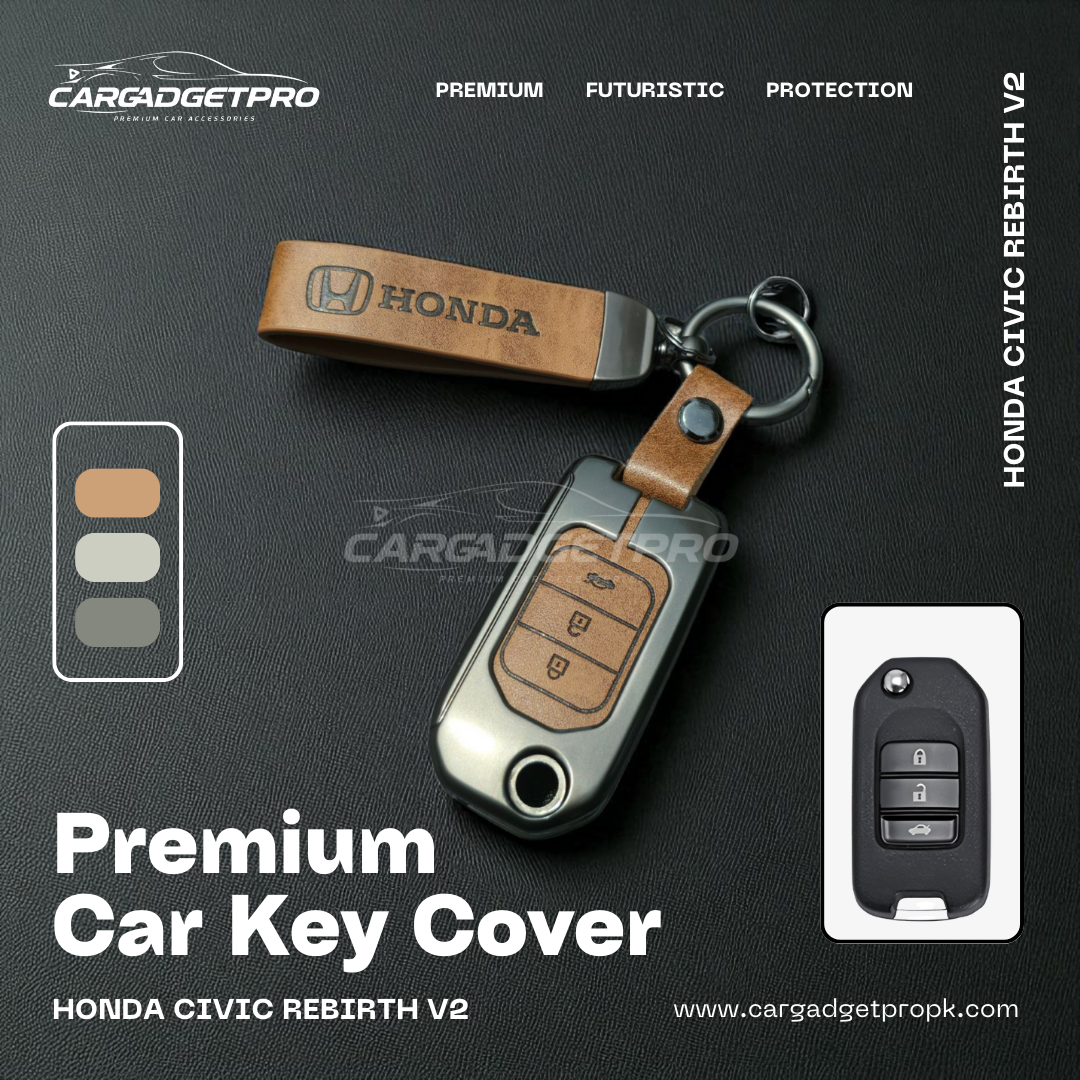 Premium leather metal car key cover for Honda Civic Rebirth Flip Key– stylish, durable, scratch-proof protection
