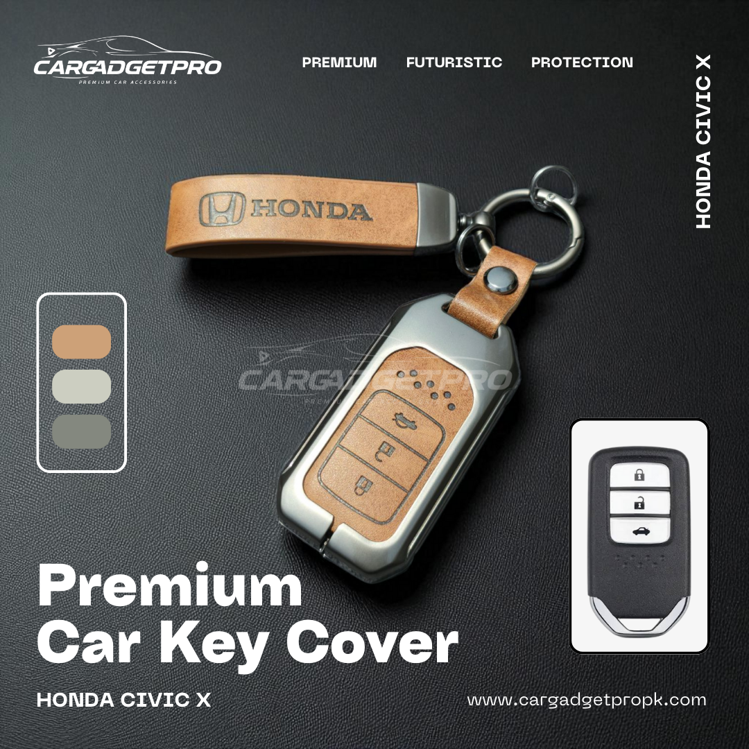 Premium leather metal car key cover for Honda Civic X – stylish, durable, scratch-proof protection