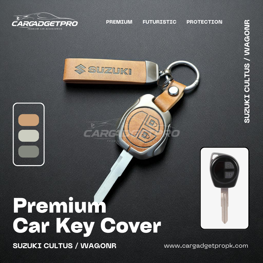 Premium leather metal car key cover for Suzuki Alto, Cultus, Wagon R – stylish, durable, scratch-proof protection