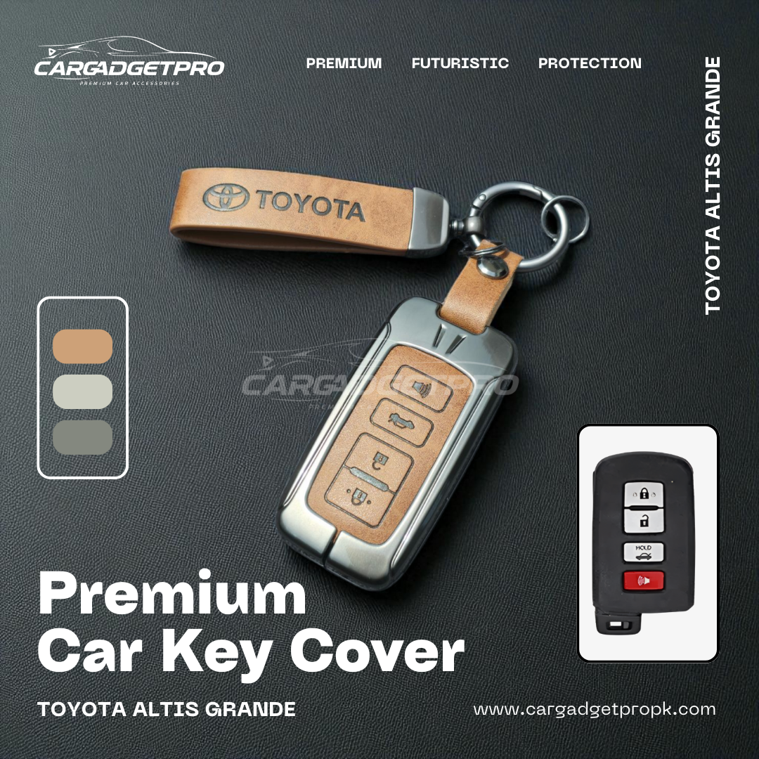 Premium leather metal car key cover for Toyota Corolla Altis Grande – stylish, durable, scratch-proof protection